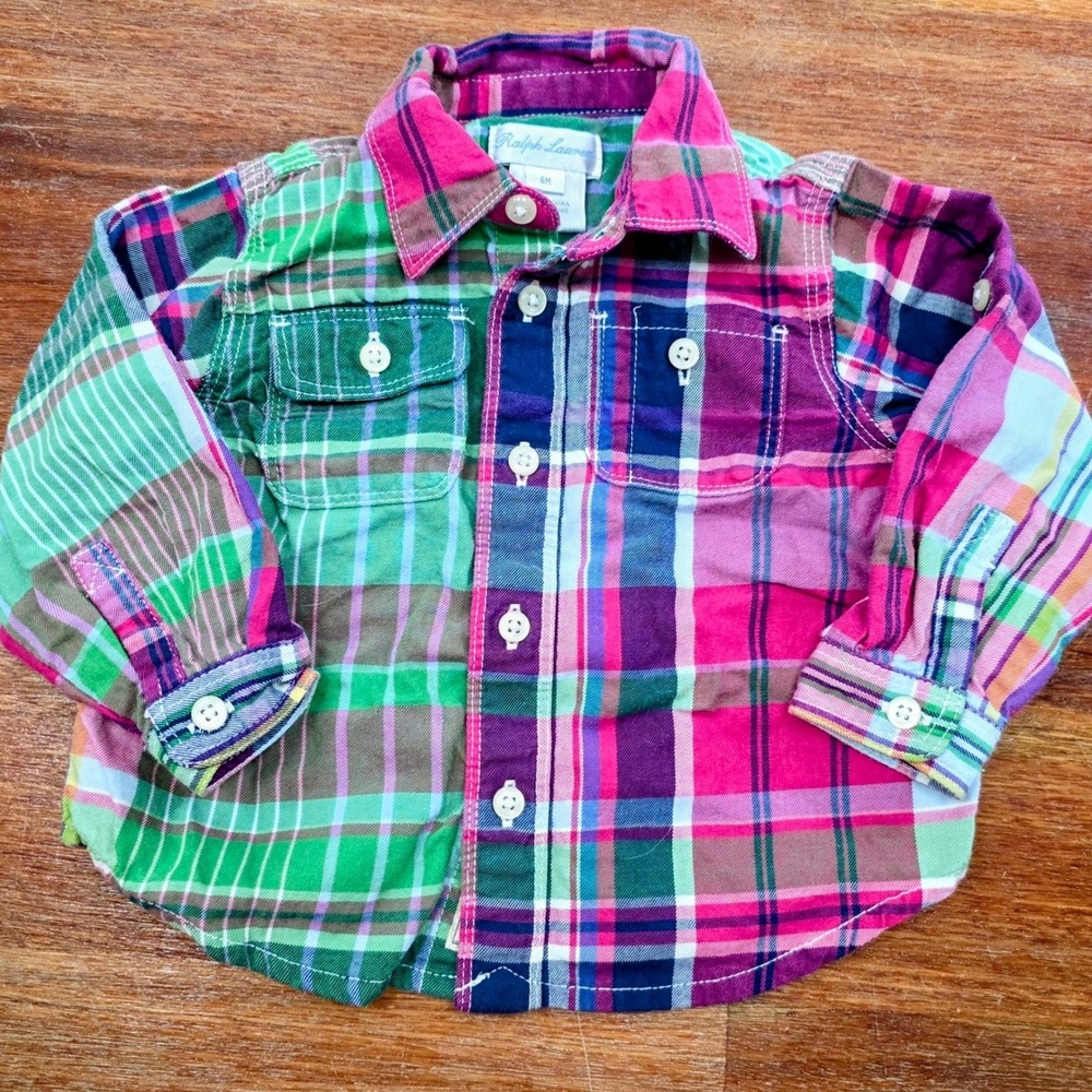 Ralph Lauren Baby Boys Patchwork Plaid Button Down Shirt Multi Color 6M Pink